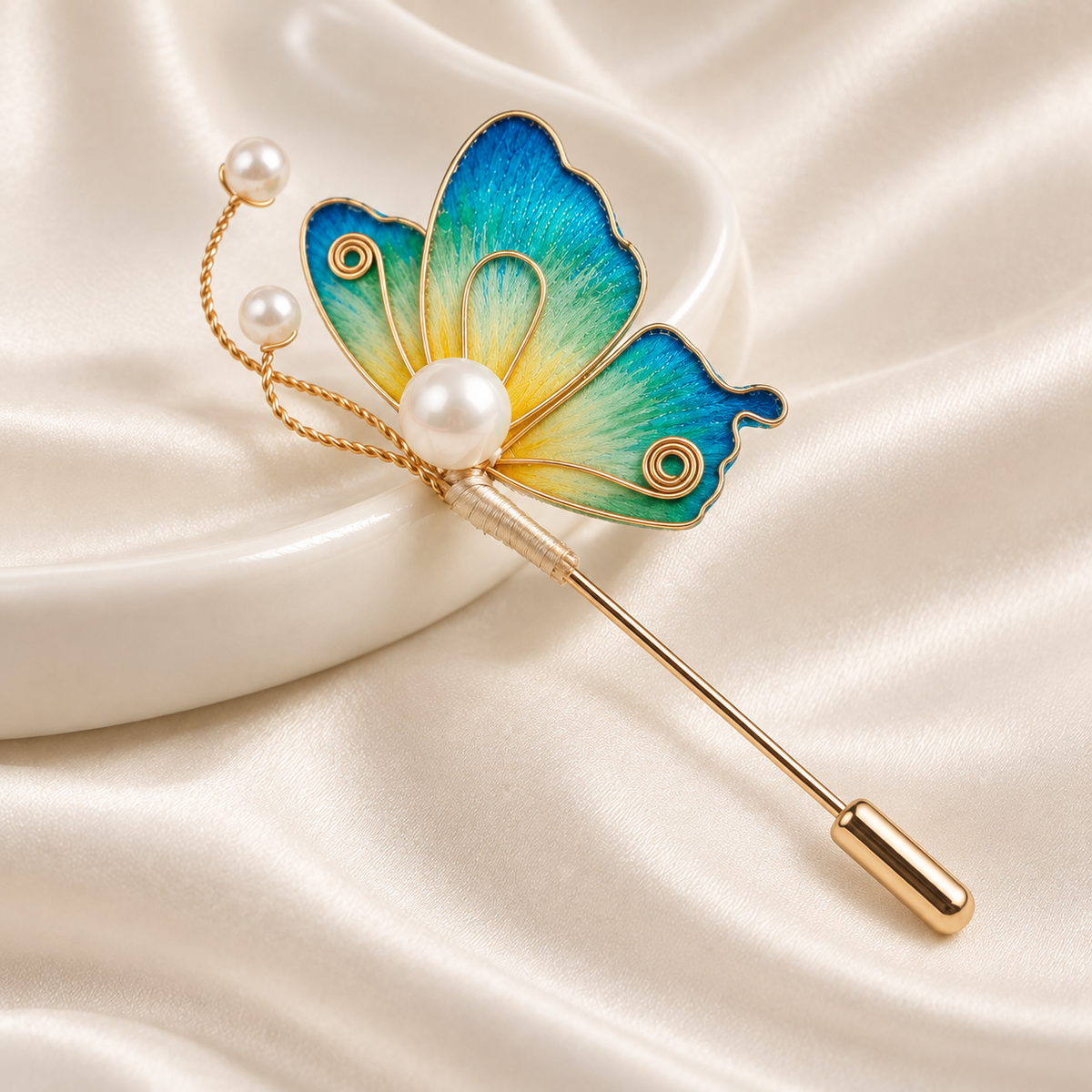 Blue-green butterfly Ronghua brooch close-up on fabric