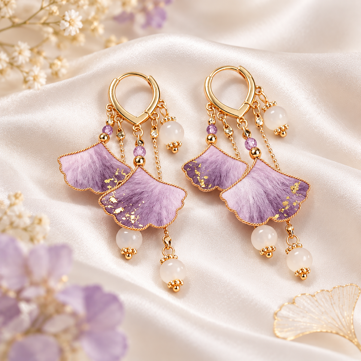 Twin purple ginkgo silk Ronghua earrings with layered ginkgo leaves, gold flecks, and pearl-like beads on cream silk
