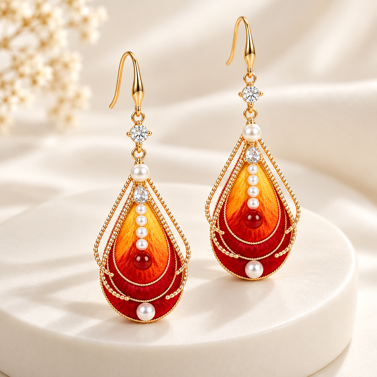 Vermilion-bird silk drop earrings with fishhook wires and pearl-like beads on a round cream plinth