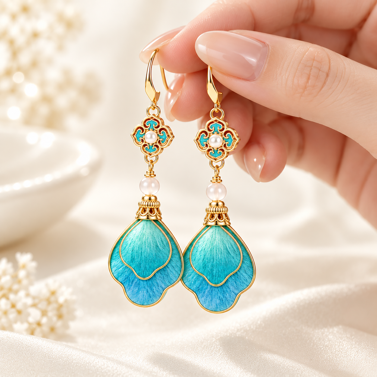 Distant Mountains Ronghua drop earrings worn