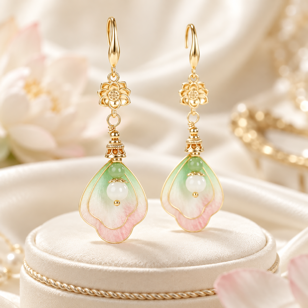Pink-mint silk drop earrings on cream background