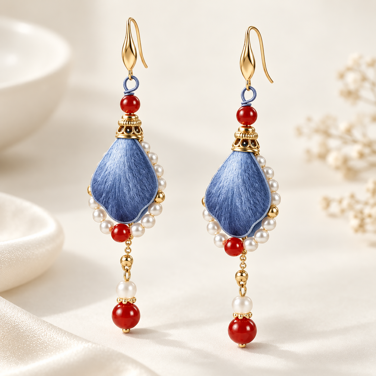 Blue-red silk drop earrings on cream background