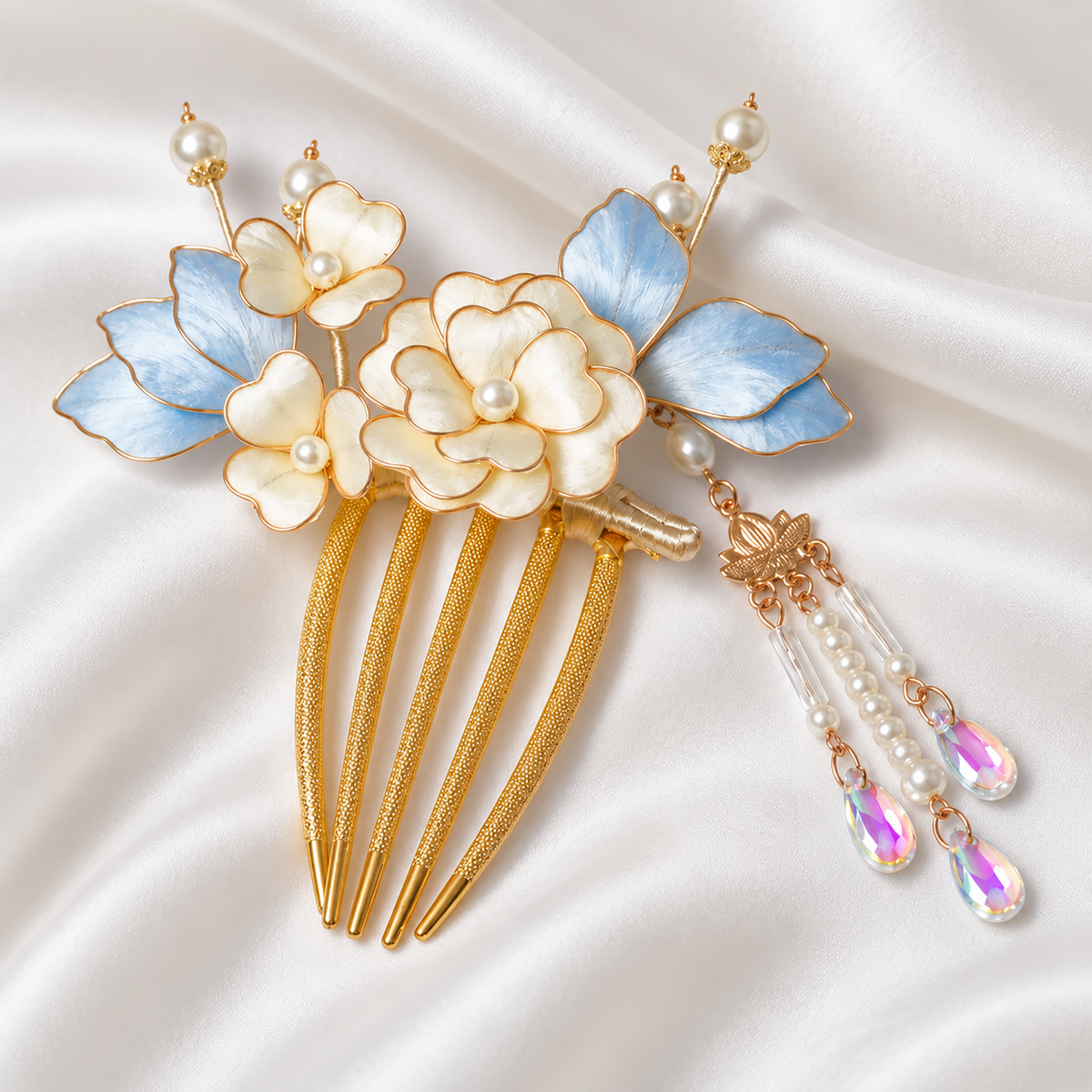 Five-tooth gold-tone hair comb with ivory Ronghua blossoms and beaded tassel