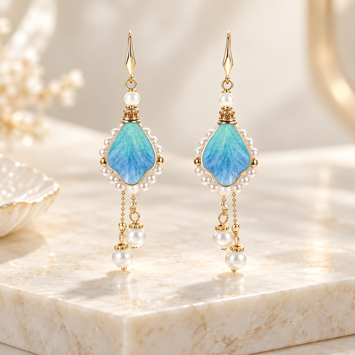 Blue-teal silk Ronghua earrings standing on marble, pearl-like frame visible