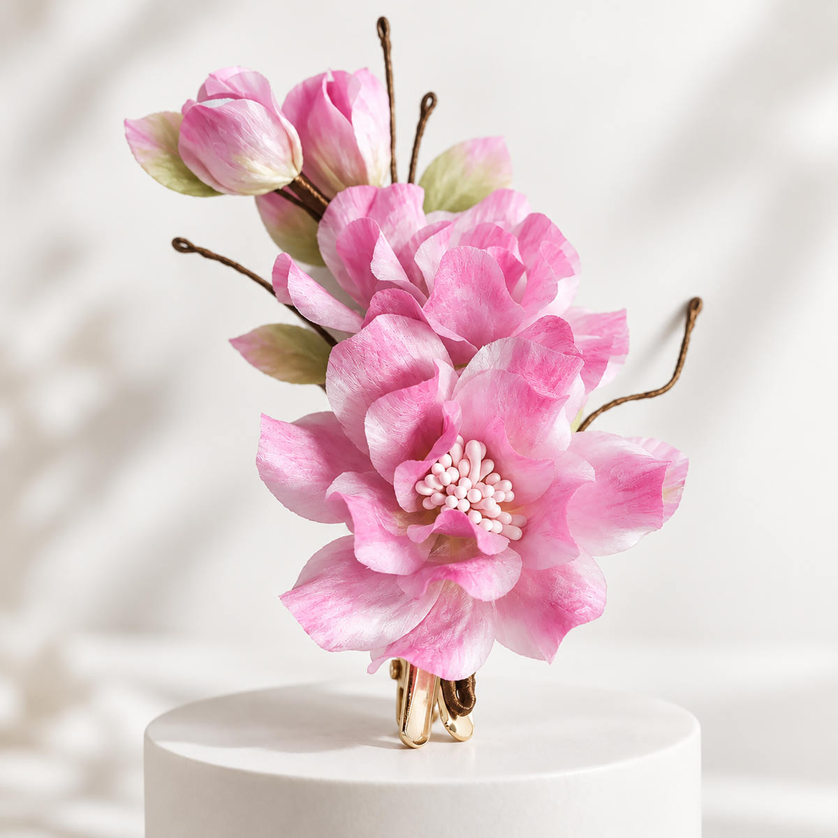 Pink begonia silk Ronghua hair clip with gold-tone alligator base