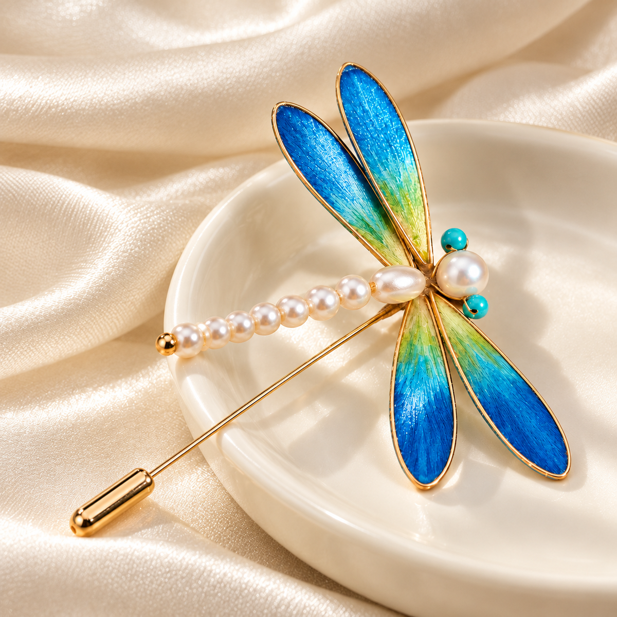 Blue dragonfly Ronghua brooch on a ceramic dish