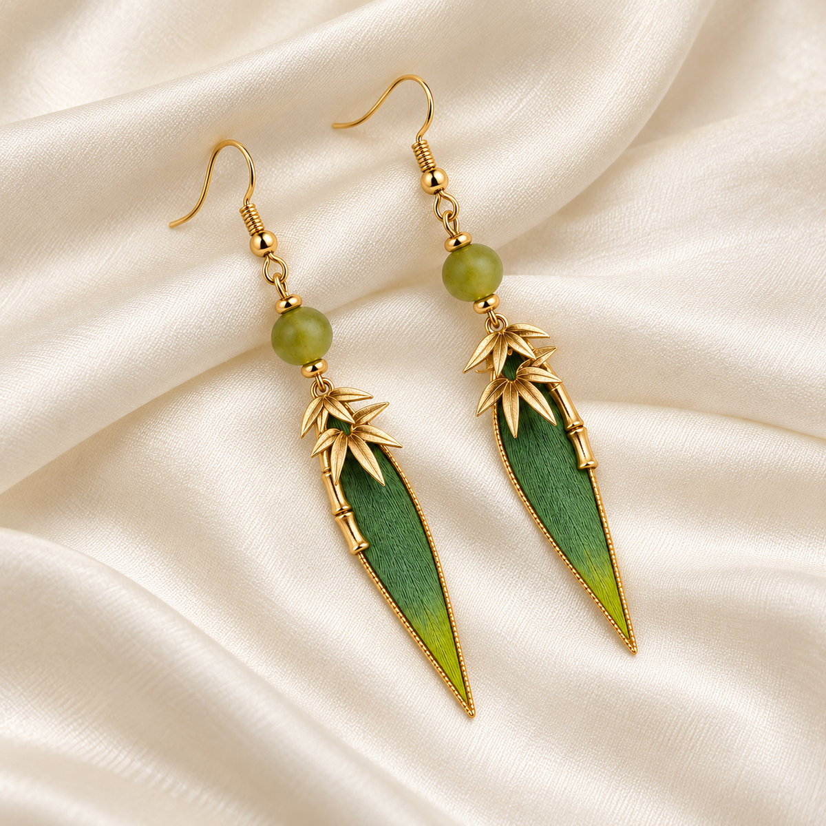 Green bamboo leaf Ronghua earrings on satin