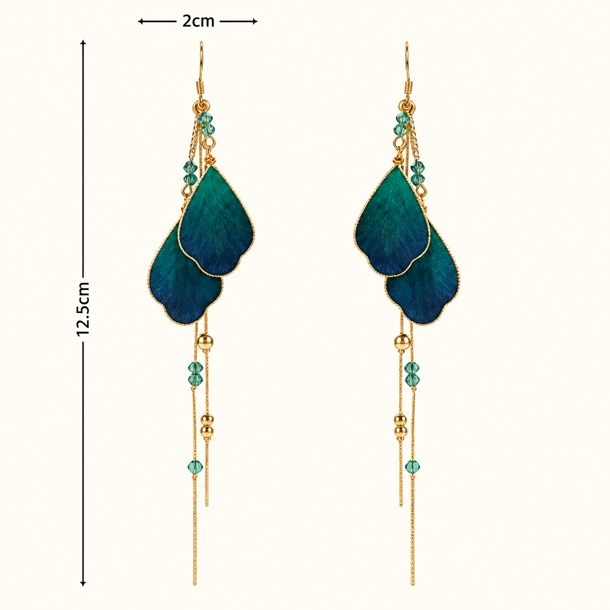Size graphic of the teal-blue silk drop earrings: overall length about 12.5 cm, width about 2 cm