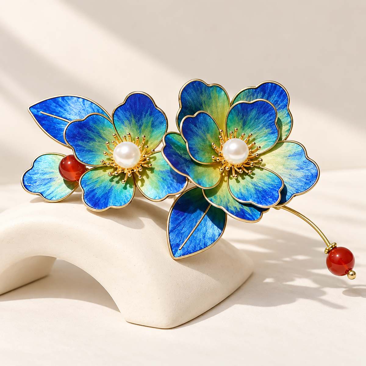 Blue green blossom Ronghua hair clip resting on an ivory arch