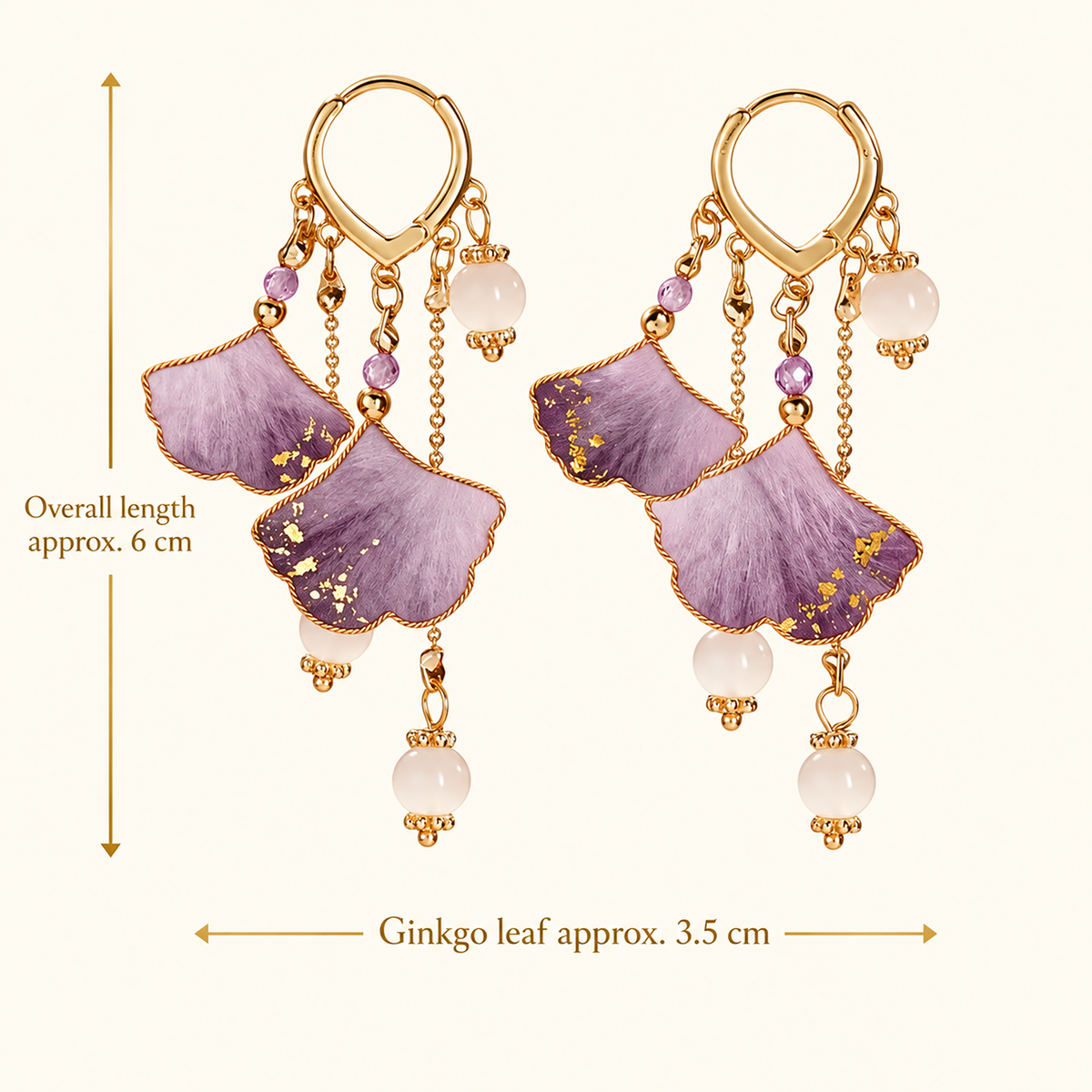 Size graphic of the twin purple ginkgo silk drop earrings: overall length about 6 cm, leaf width about 3.5 cm