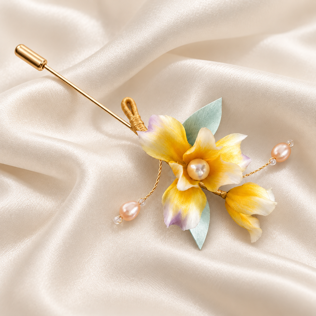 Yellow iris mulberry-silk Ronghua brooch lifestyle view