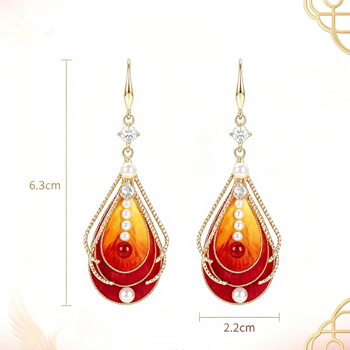 Size graphic of the vermilion-bird silk drop earrings: overall length about 6.3 cm, width about 2.2 cm