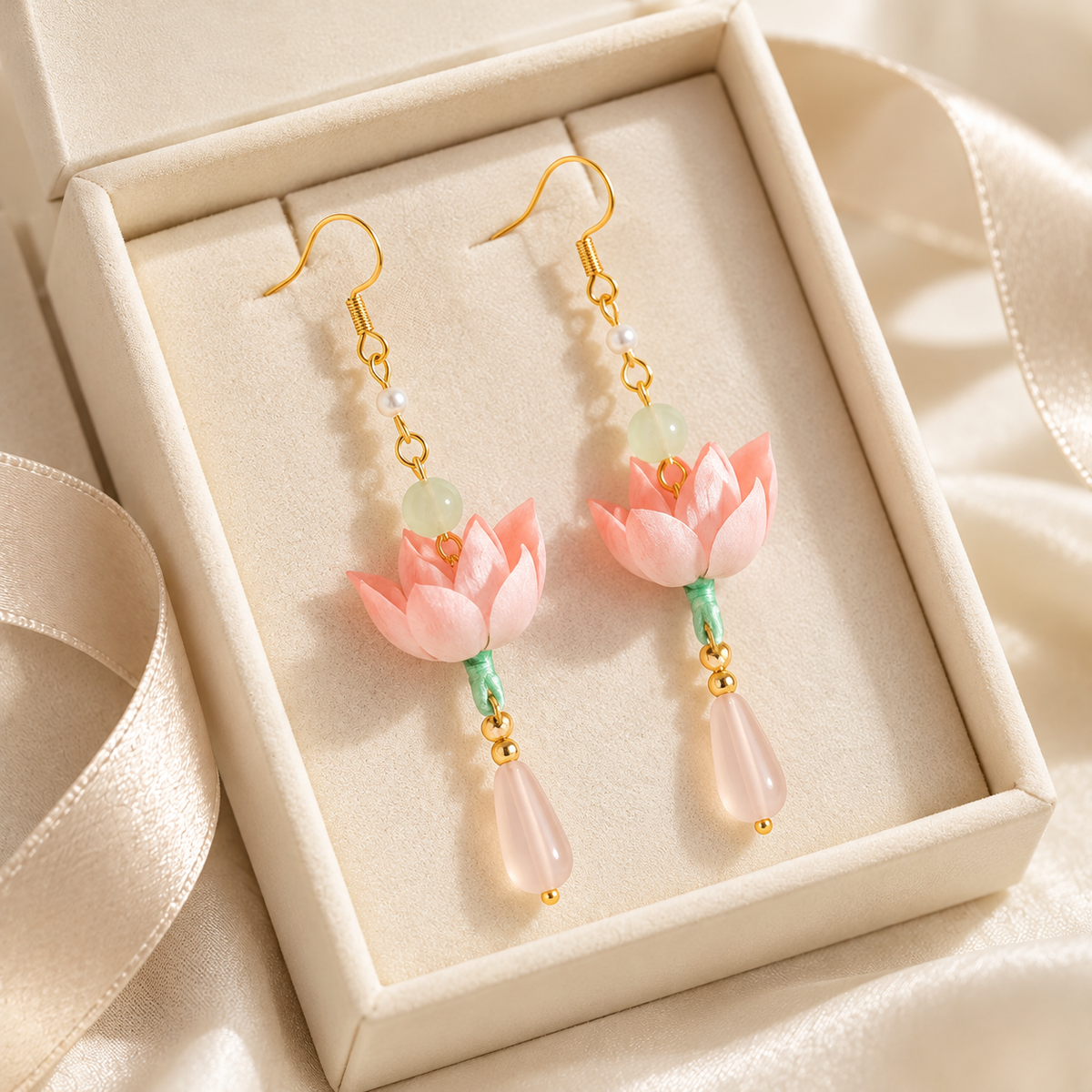 Qinghe lotus Ronghua drop earrings in gift box with ribbon