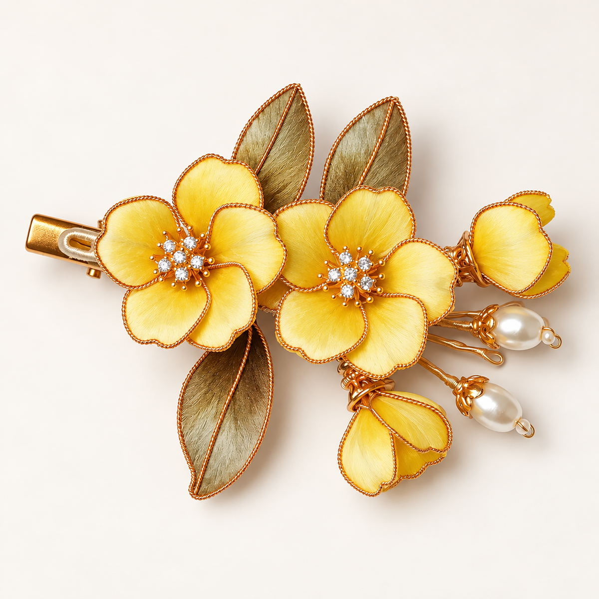 Yellow osmanthus Ronghua hair clip on an ivory background