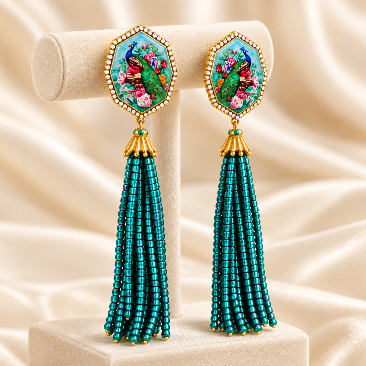 Kongqueling enamel peacock bead tassel stud earrings — photo 7