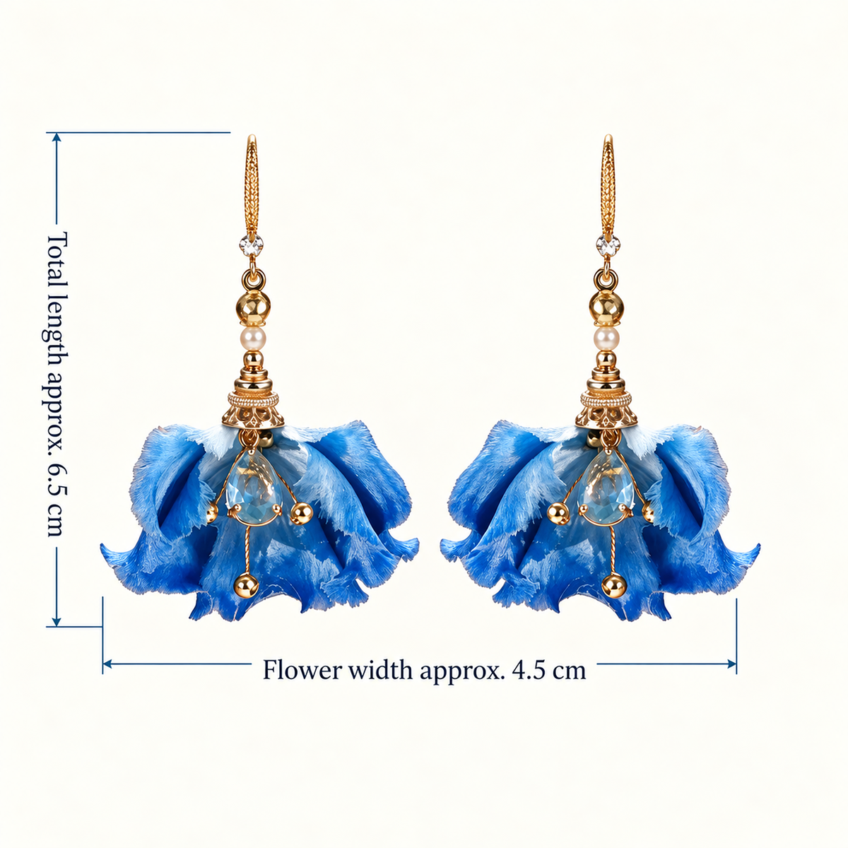 Size graphic of the blue water-iris silk drop earrings: overall length about 6.5 cm, flower about 4.5 cm