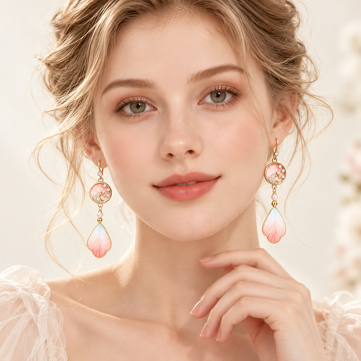 Woman wearing the pink-blue gradient silk Ronghua drop earrings