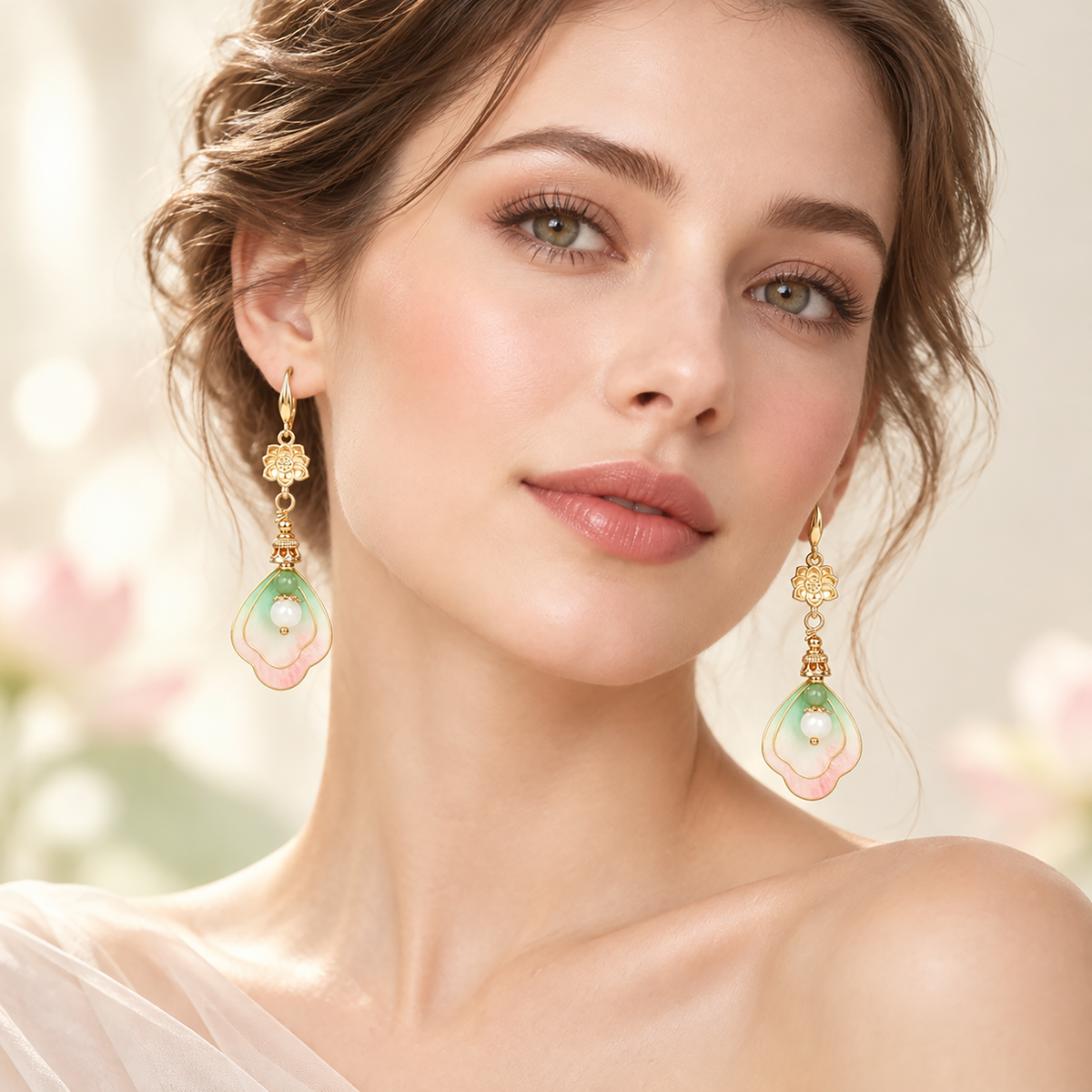 Woman wearing the pink-mint lotus silk Ronghua drop earrings