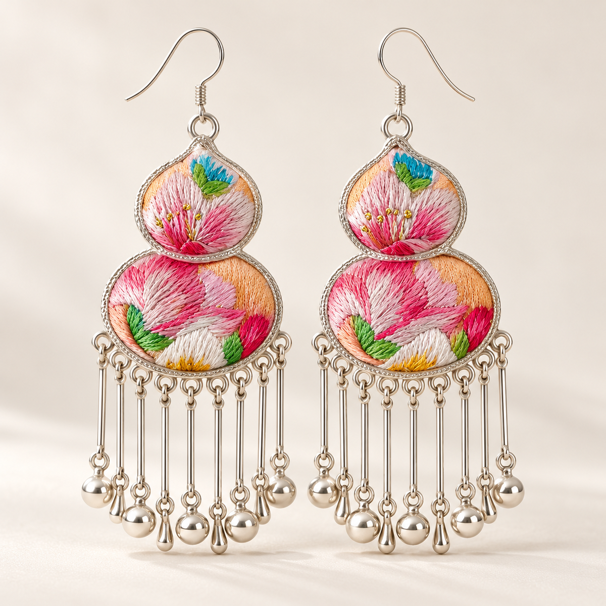 Hulu pink embroidered gourd tassel earrings — photo 8