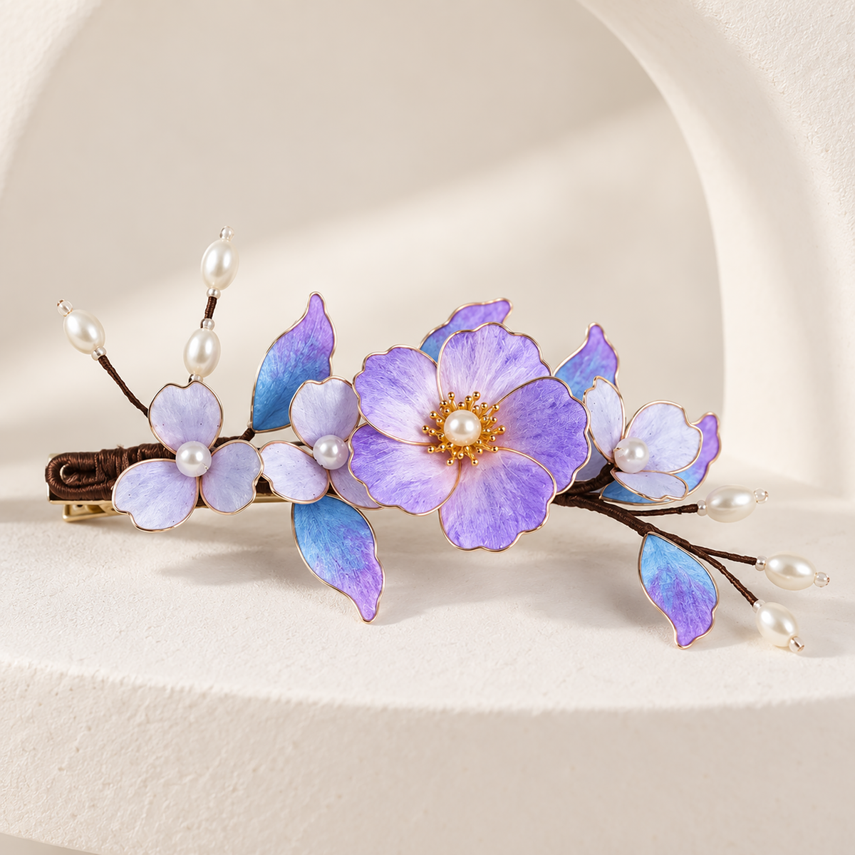 Purple blossom Ronghua hair clip on a curved ivory stand