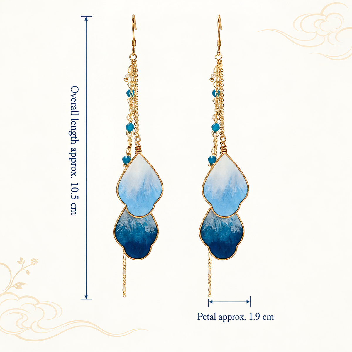 Size graphic of the blue vine silk drop earrings: overall length about 10.5 cm, petal about 1.9 cm