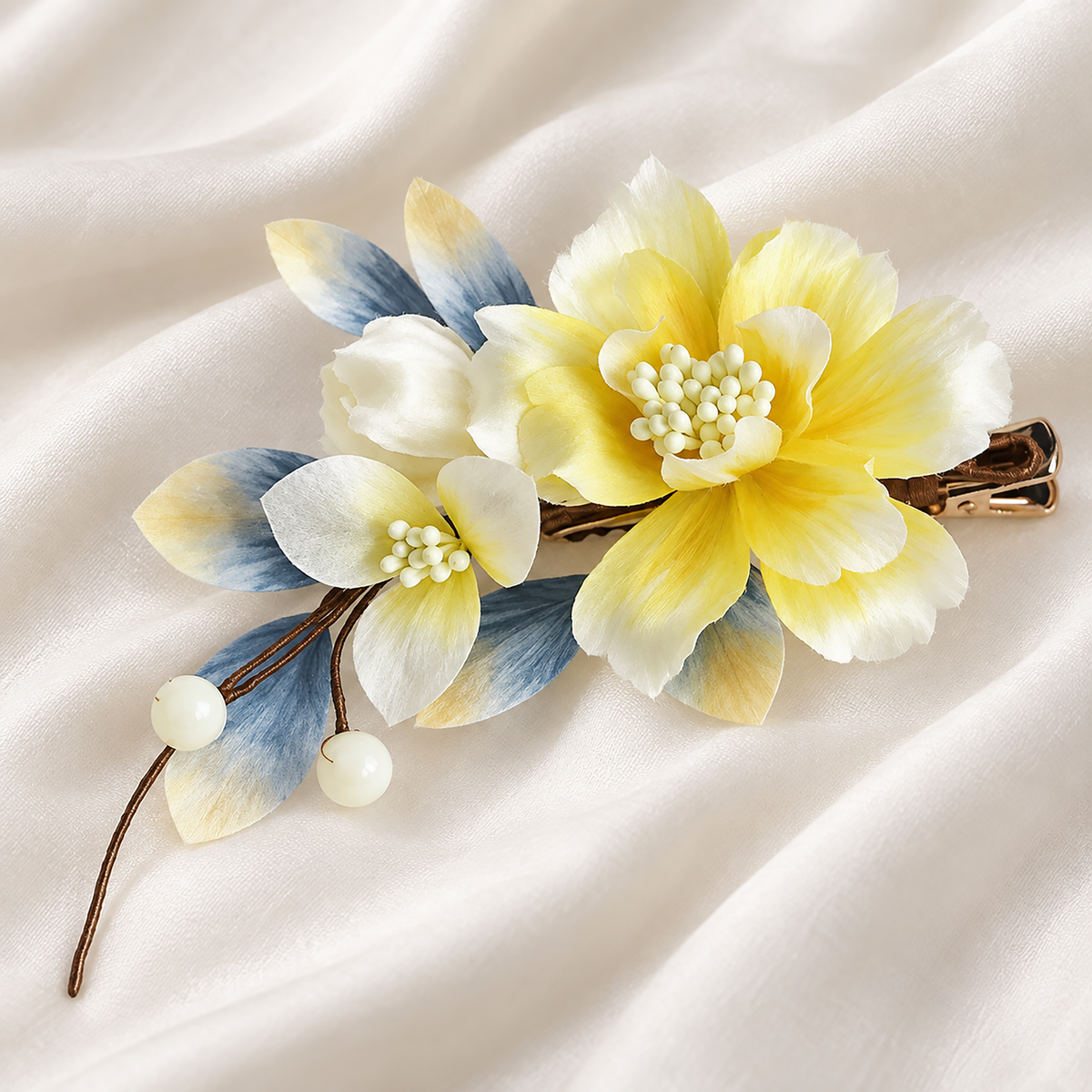 Yellow blossom Ronghua hair clip on draped ivory silk
