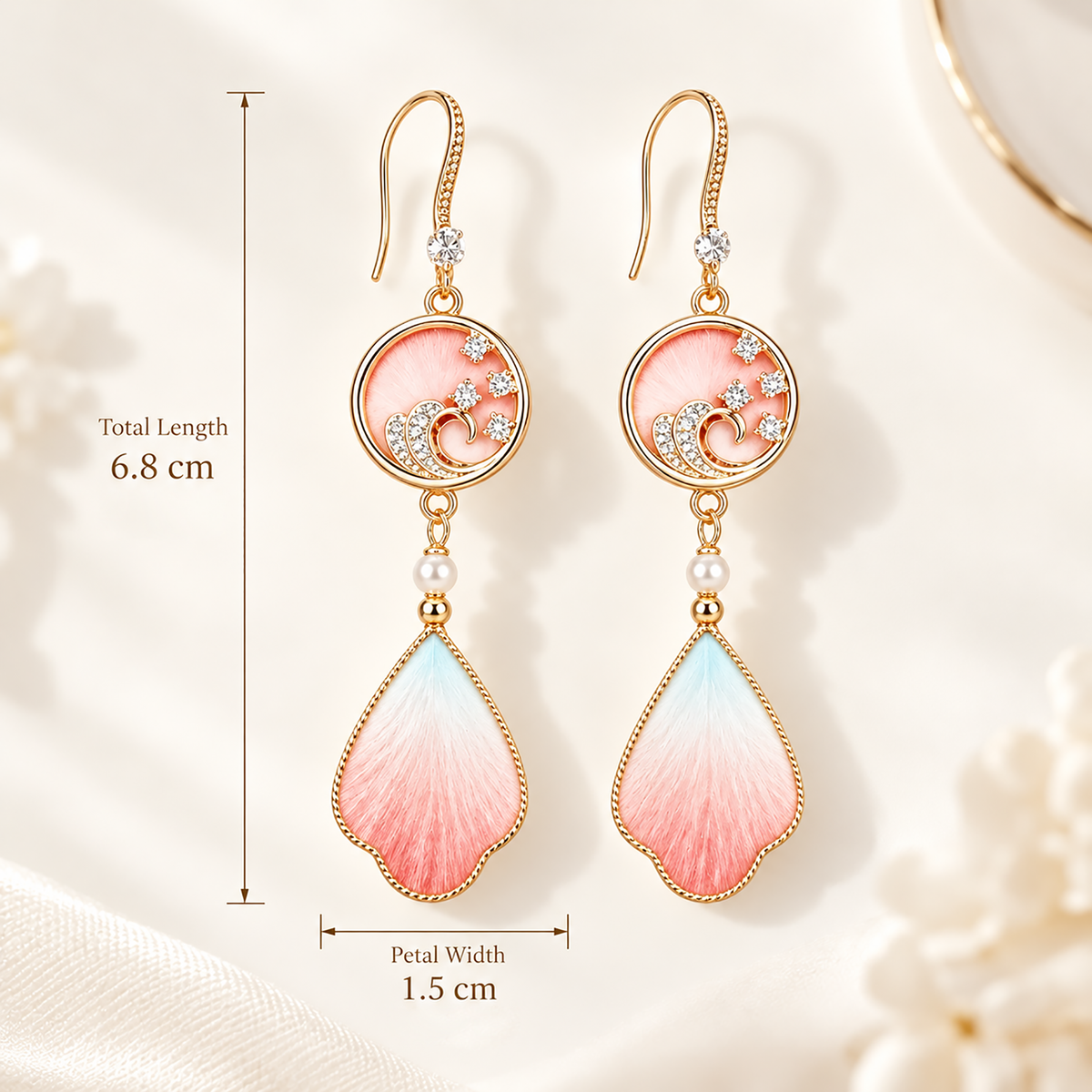 Size graphic of the pink-blue silk drop earrings: overall length about 6.8 cm, petal about 1.5 cm