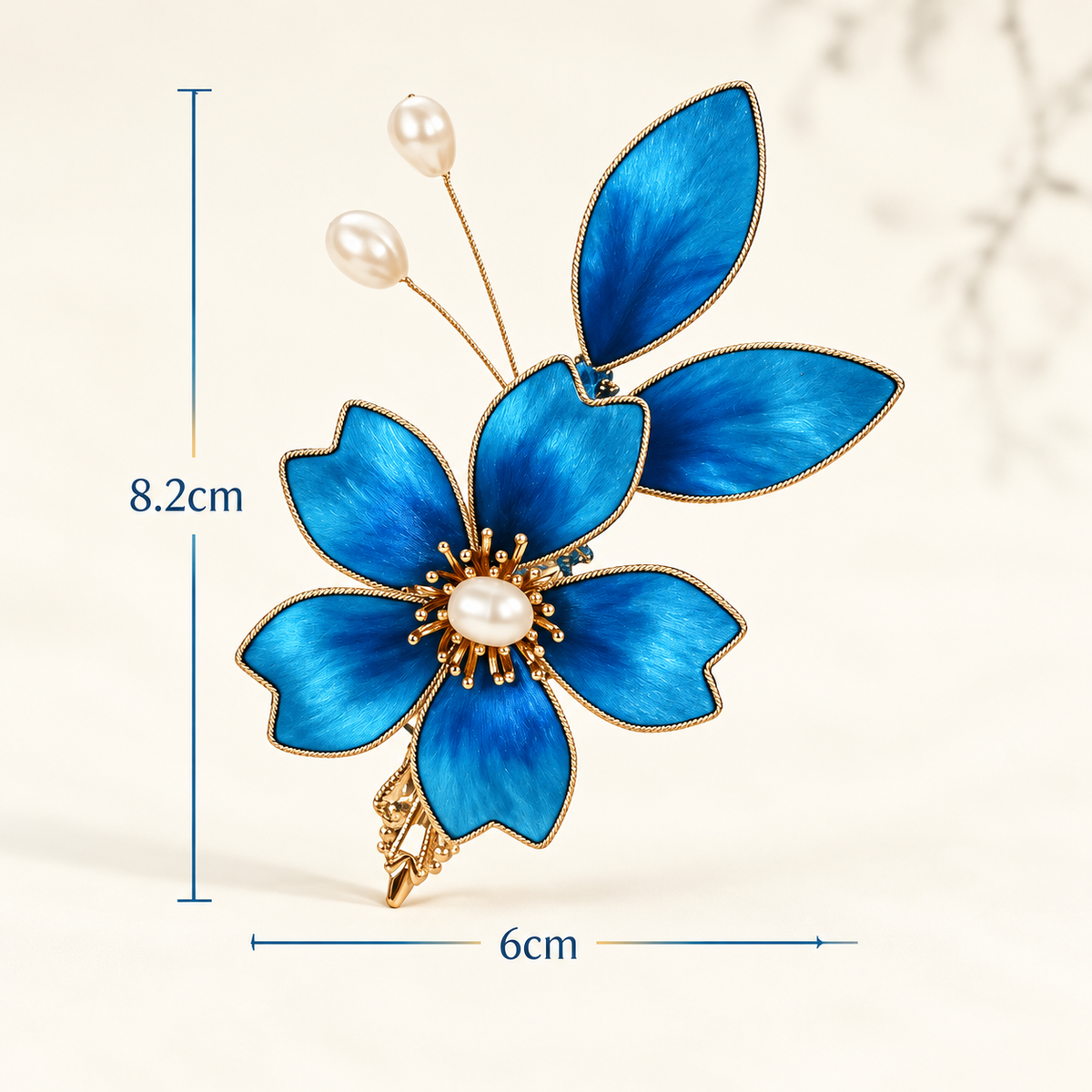 Blue begonia Ronghua hair clip size guide approx. 8.2 by 6 cm
