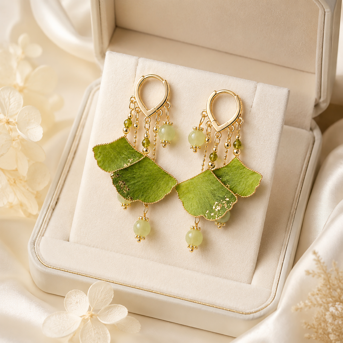 Green ginkgo silk velvet dangle earrings with 925 sterling-silver ear hooks