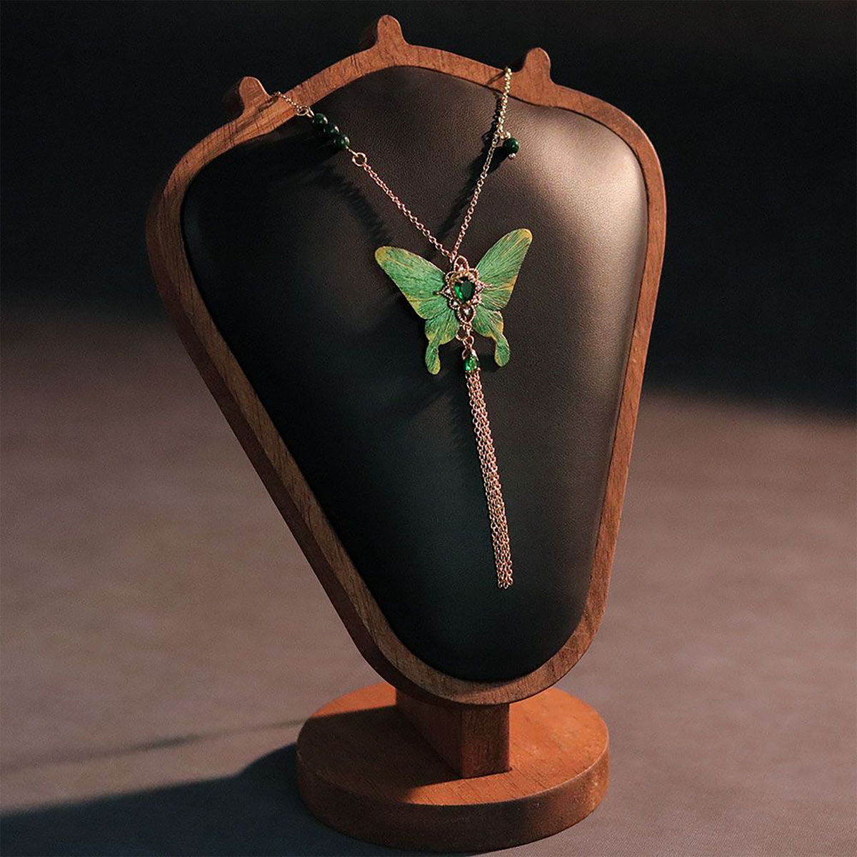 Dry green jadeite butterfly silk velvet necklace displayed in full