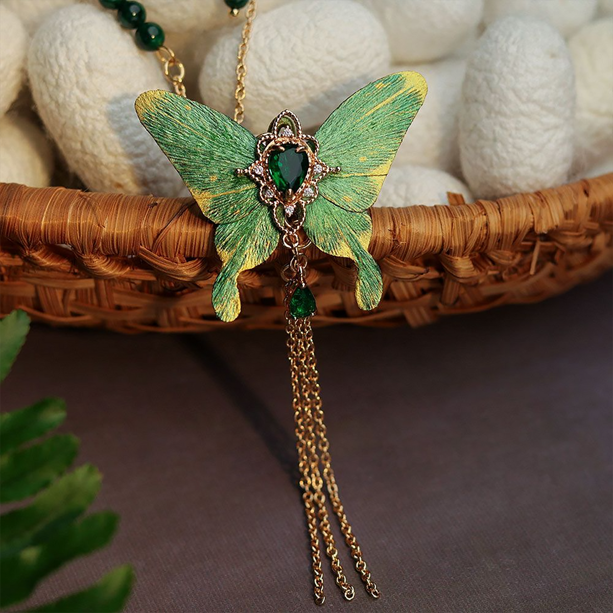 Model wearing the green butterfly silk velvet necklace