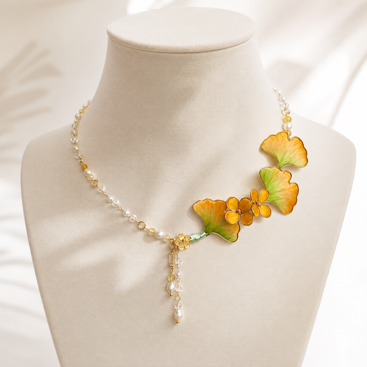 Ginkgo leaf silk velvet pearl necklace displayed in full
