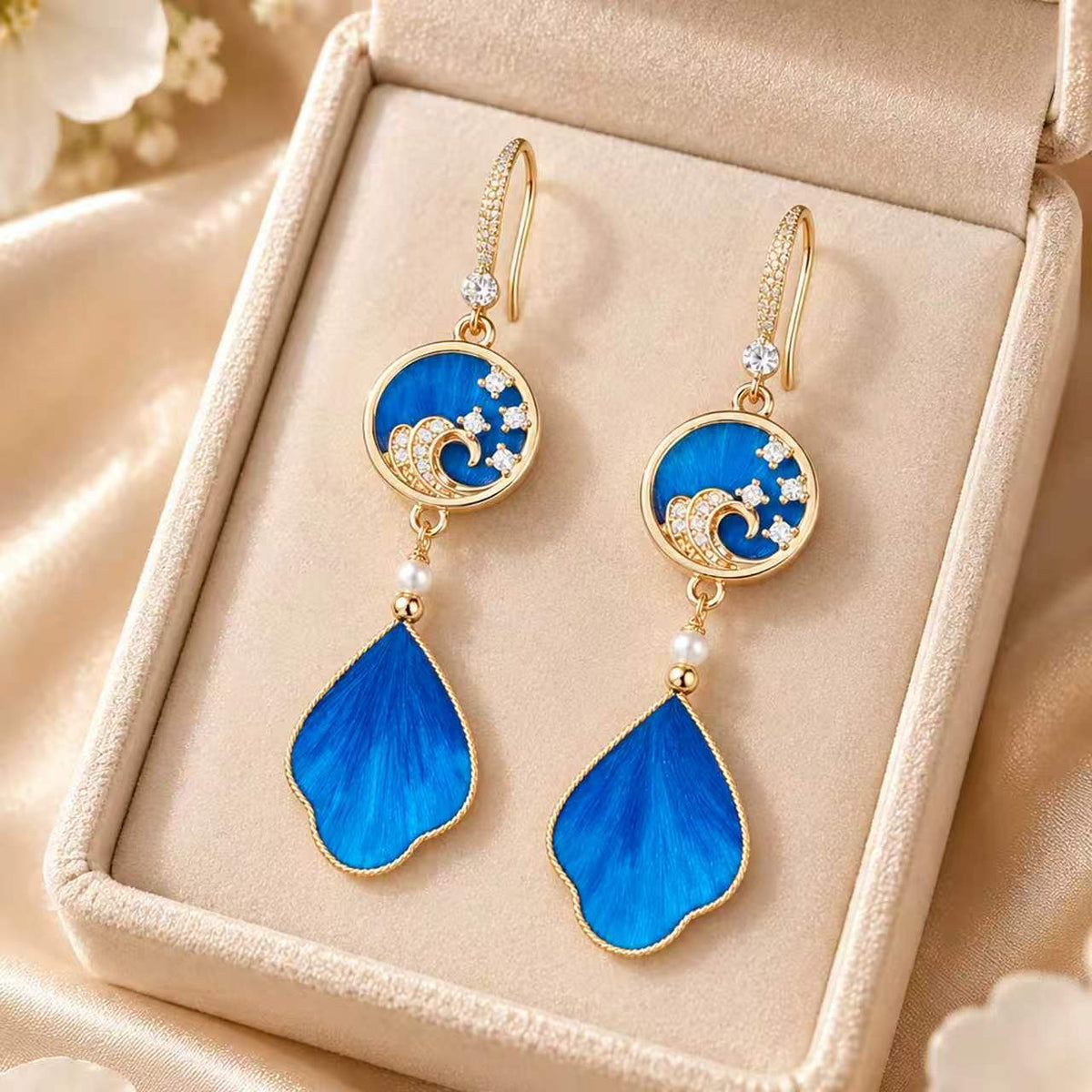 Blue Ronghua Natural mulberry silk hook earrings with wave medallions