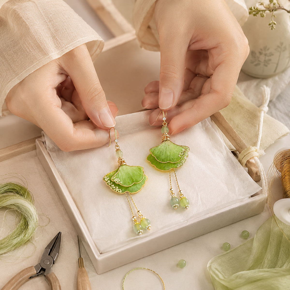 Hands arranging materials for a guided Chinese craft-making experience