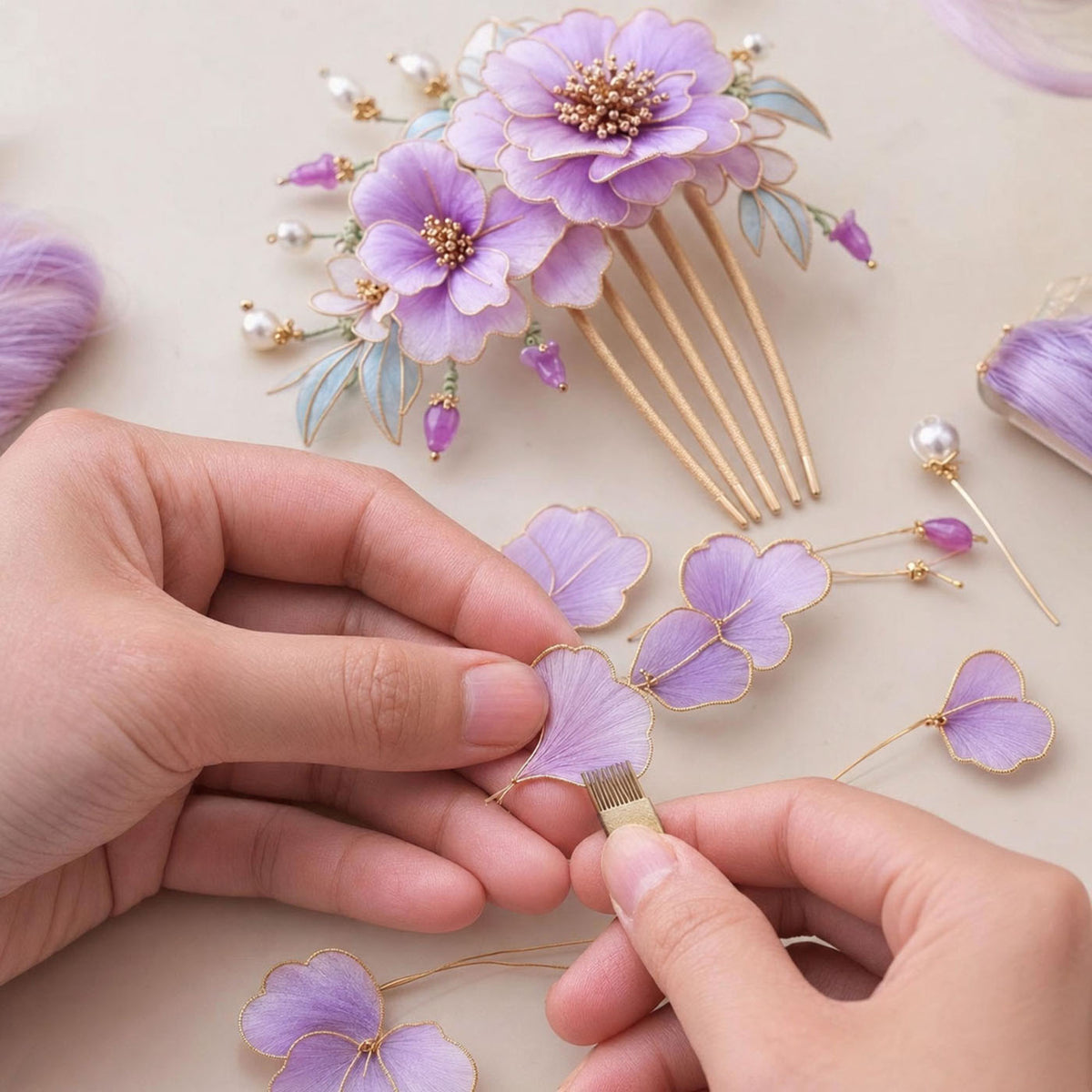 Hand-shaping fine fibres during the making of a Chinese Ronghua flower