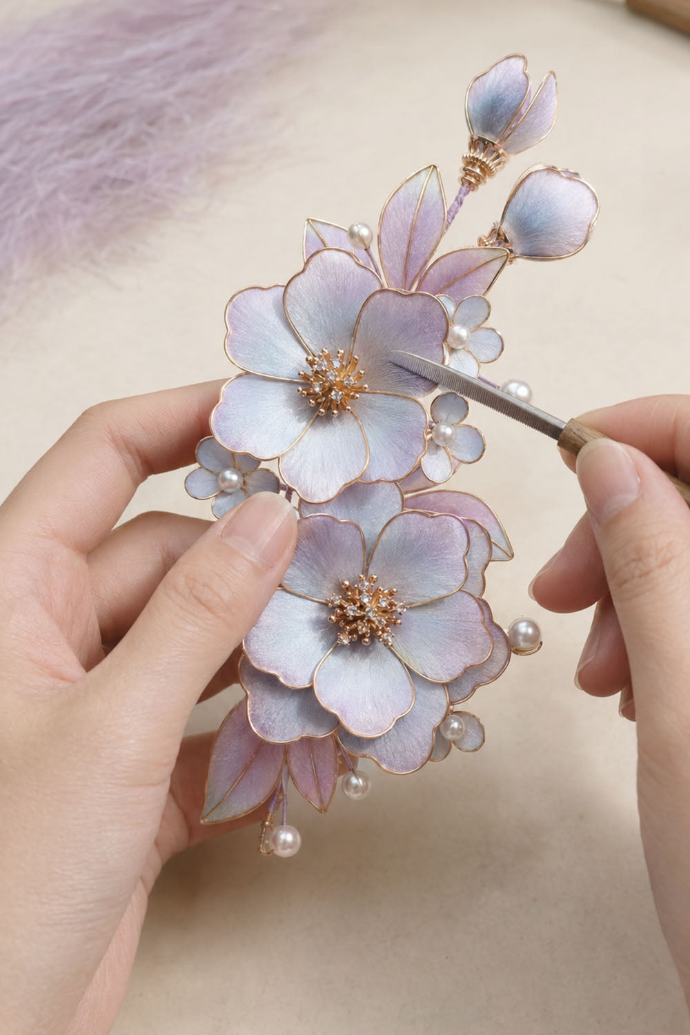 Close-up of fine fibres being hand-shaped into a dimensional Ronghua flower