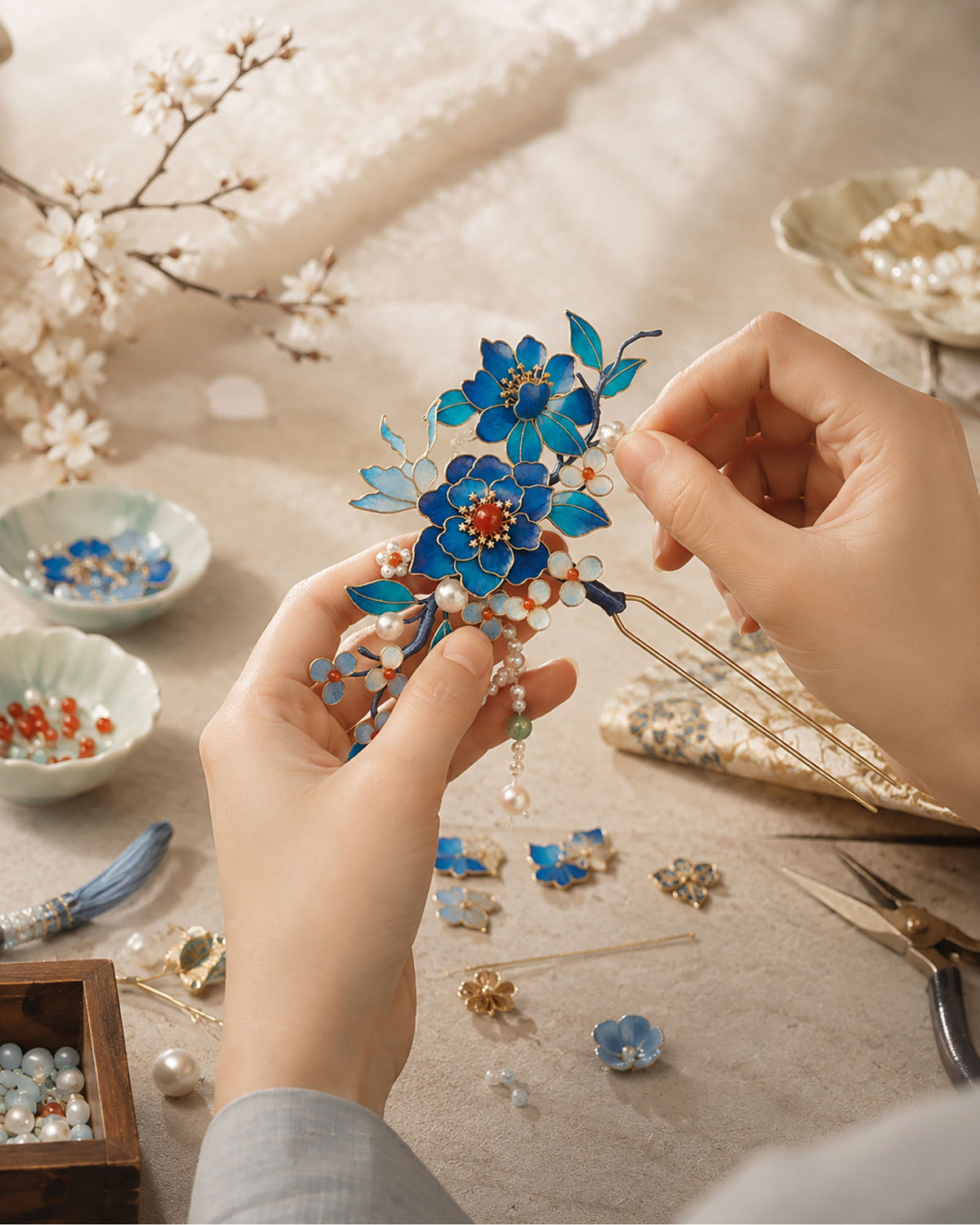 Artisan shaping petals for a Chinese Ronghua silk flower