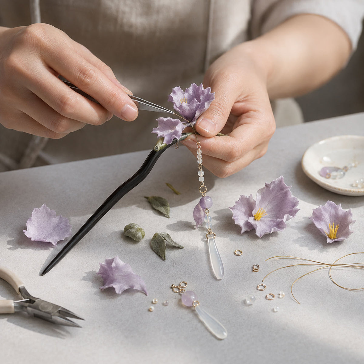 Hand assembly of Ronghua fibre forms and supporting components for a CLMADE handcrafted accessory