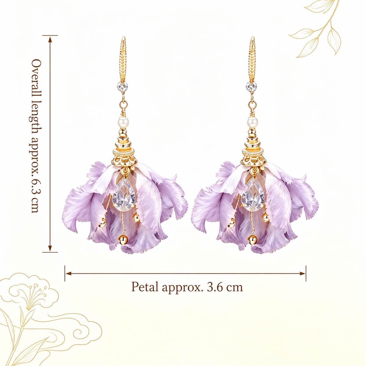 Size graphic of the purple iris silk drop earrings: overall length about 6.3 cm, petal about 3.6 cm