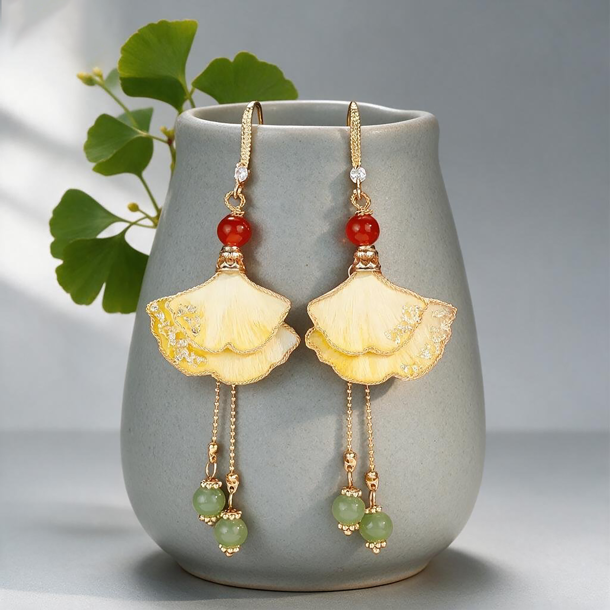Handmade Ginkgo Ronghua drop earrings in Golden Yellow