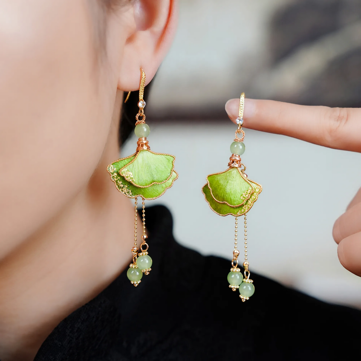 Handmade Ginkgo Ronghua drop earrings in Jade Green