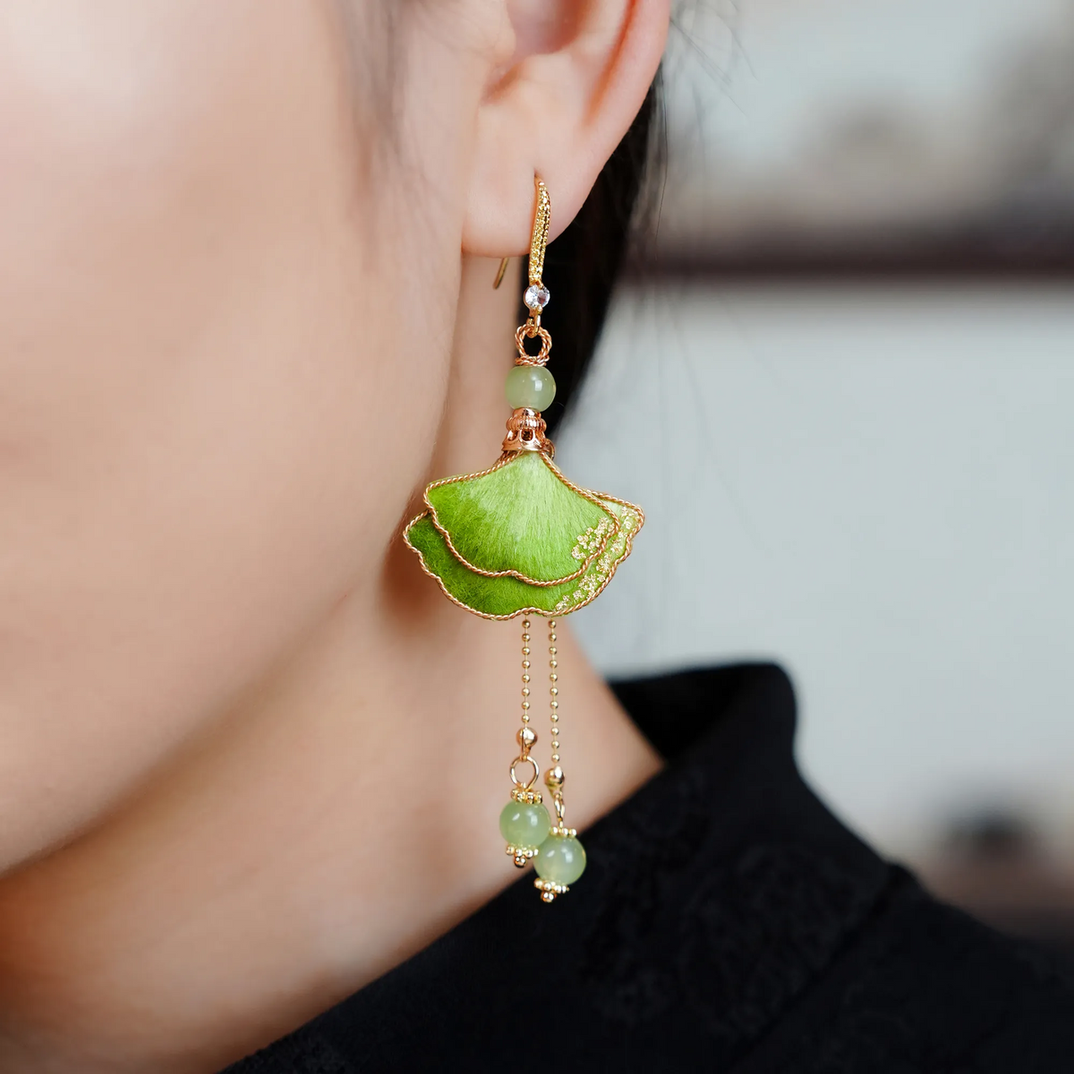 Jade Green Ginkgo Ronghua earring shown worn for scale
