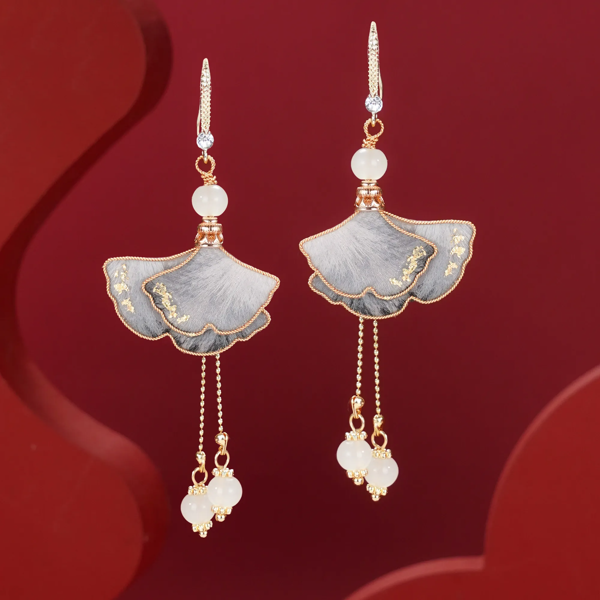 Silver Grey Ginkgo Ronghua earrings with layered leaves and bead tassels
