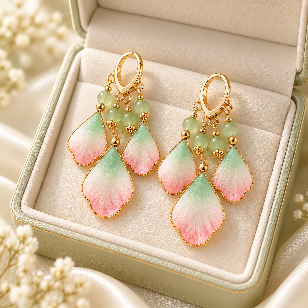 Three pink, ivory and green silk petals suspended from each gold-tone hoop inside a pale green jewellery box