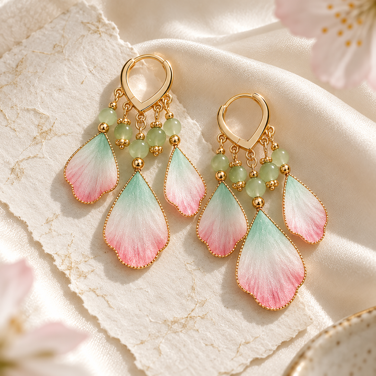 Three pink, ivory and green silk petals suspended from each gold-tone hoop on cream stone beside satin