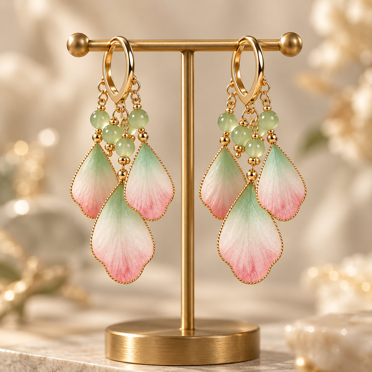 Three pink, ivory and green silk petals suspended from each gold-tone hoop on a gold-tone display stand