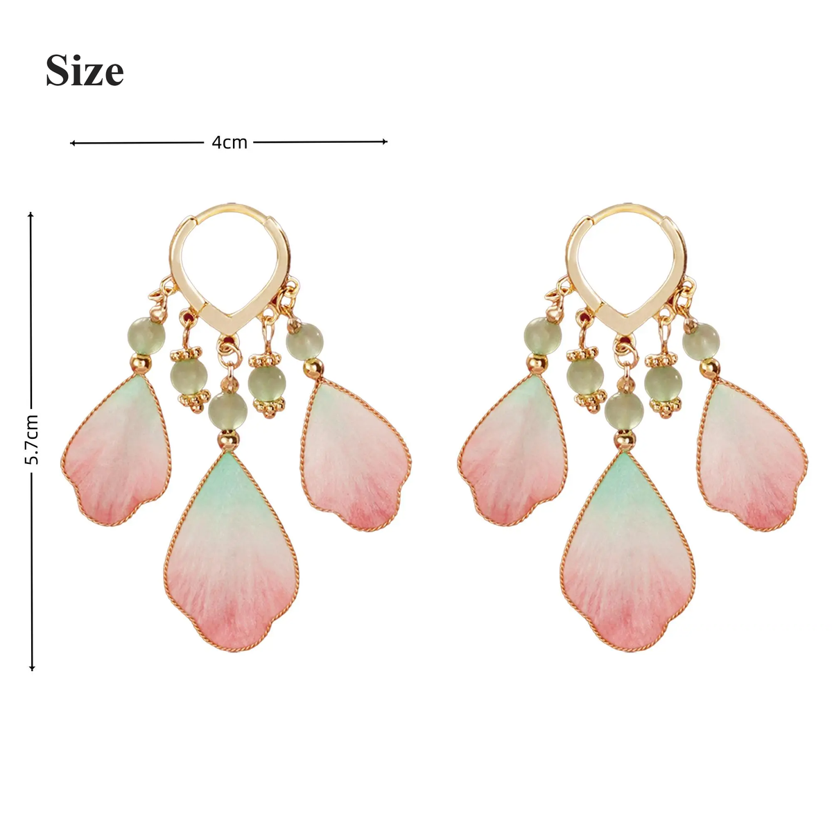 Three pink, ivory and green silk petals suspended from each gold-tone hoop size guide showing 5.7 by 4 cm