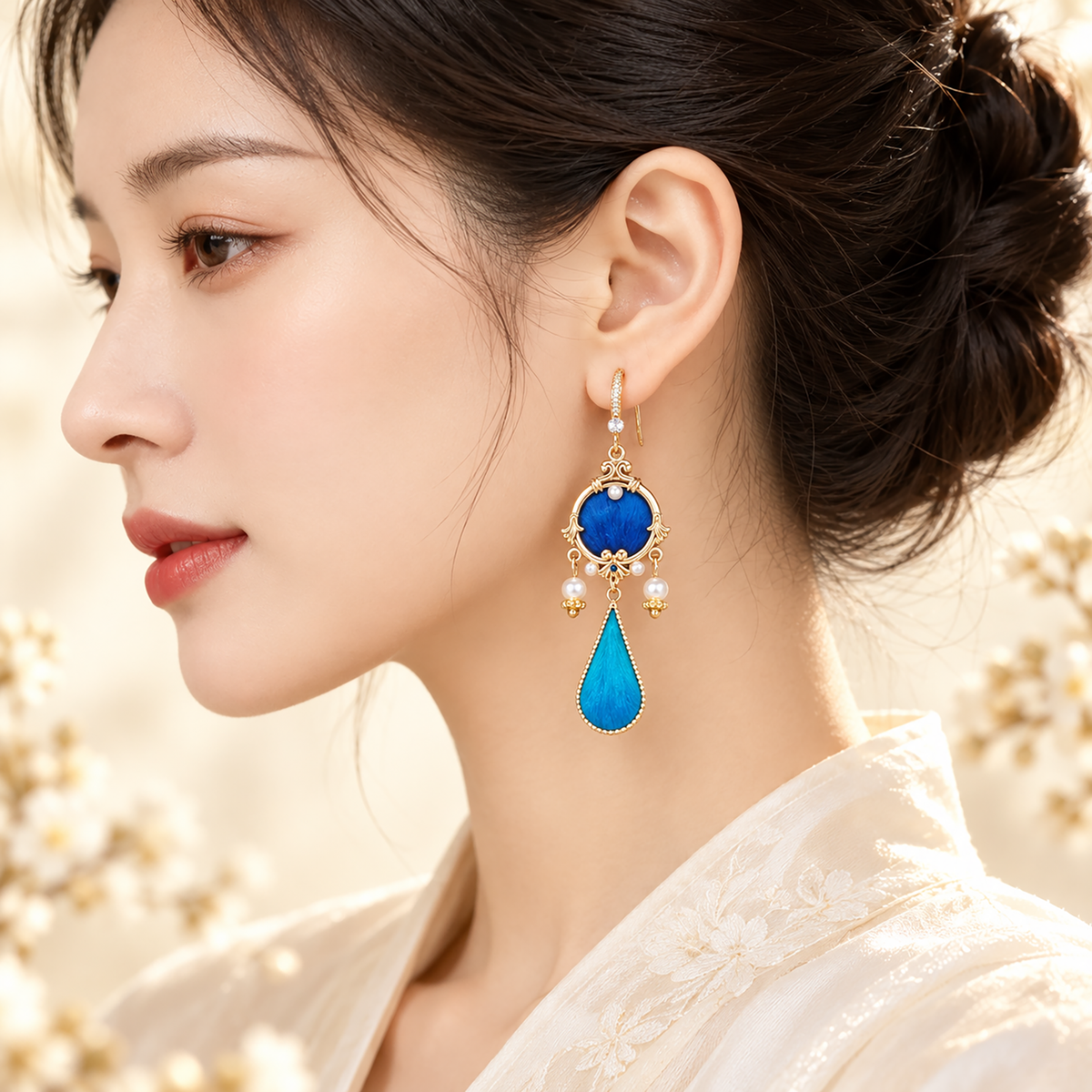 Blue circular silk motifs and turquoise teardrops in gold-tone frames worn with a white blouse