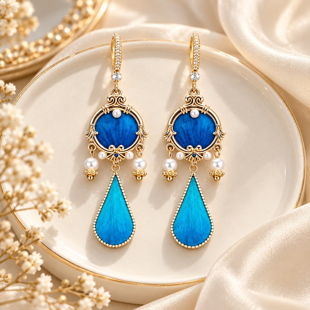 Blue circular silk motifs and turquoise teardrops in gold-tone frames on a white dish
