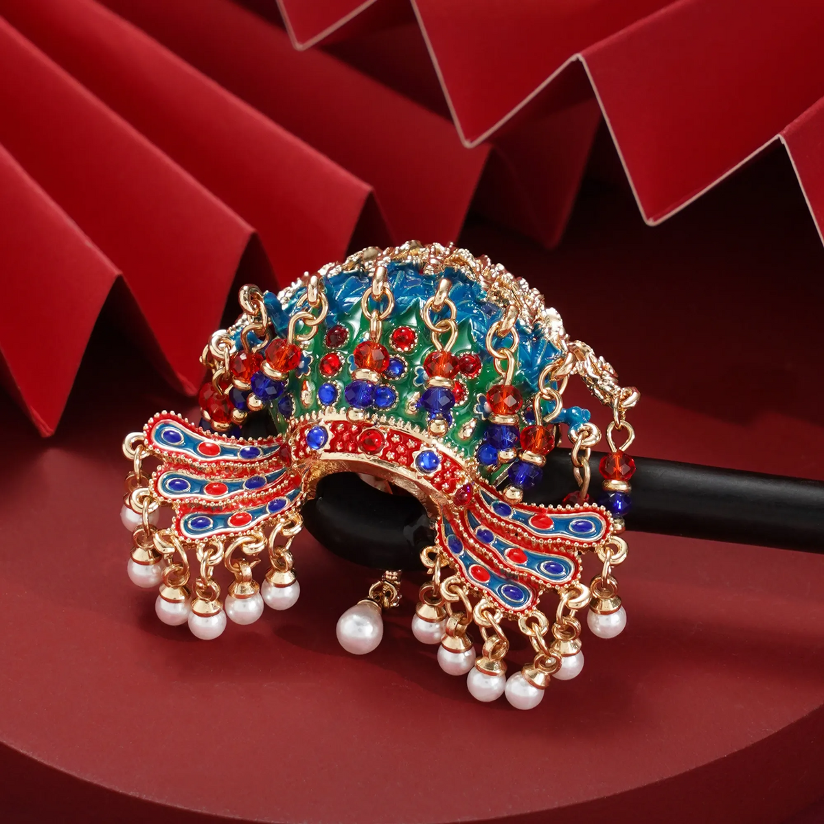 Nine Dragons Nine Phoenixes Crown Hairpin with suspended bead pendants